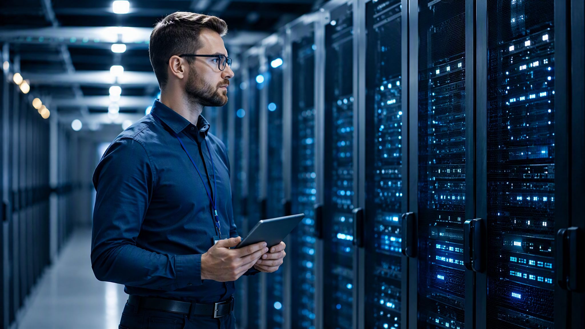 CWV engineer inspecting client server racks in a datacentre
